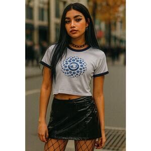 UNIF Ringer Logo Crop Tee Shirt Top 90s Y2K White Navy Blue Trim Size XL RARE